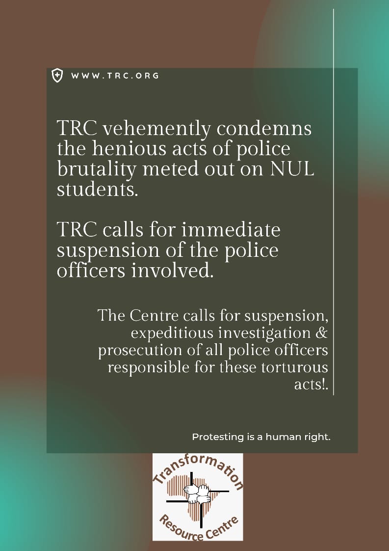 Official Transformation Resource Centre (TRC) (@info1trc) on Twitter photo Under no circumstances is torture and inhumane treatment justified in our constitutional model.
Freedom from torture and inhuman treatment is an absolute fundamental human right.
Torture is a crime and whoever subjects another to it should be indicted.
#JusticeForNulStudents Under no circumstances is torture and inhumane treatment justified in our constitutional model.
Freedom from torture and inhuman treatment is an absolute fundamental human right.
Torture is a crime and whoever subjects another to it should be indicted.
#JusticeForNulStudents