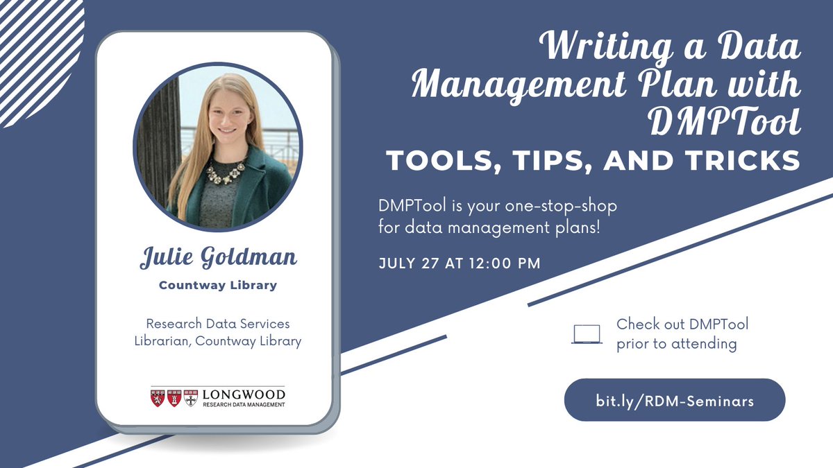 Another Summer Online RDM Mini-Workshop today! 

'Writing a Data Management Plan with DMPTool: Tools, Tips, and Tricks' 🗓️ July 27 12pm

Join us online ➡️ libcal.countway.harvard.edu/event/9205515