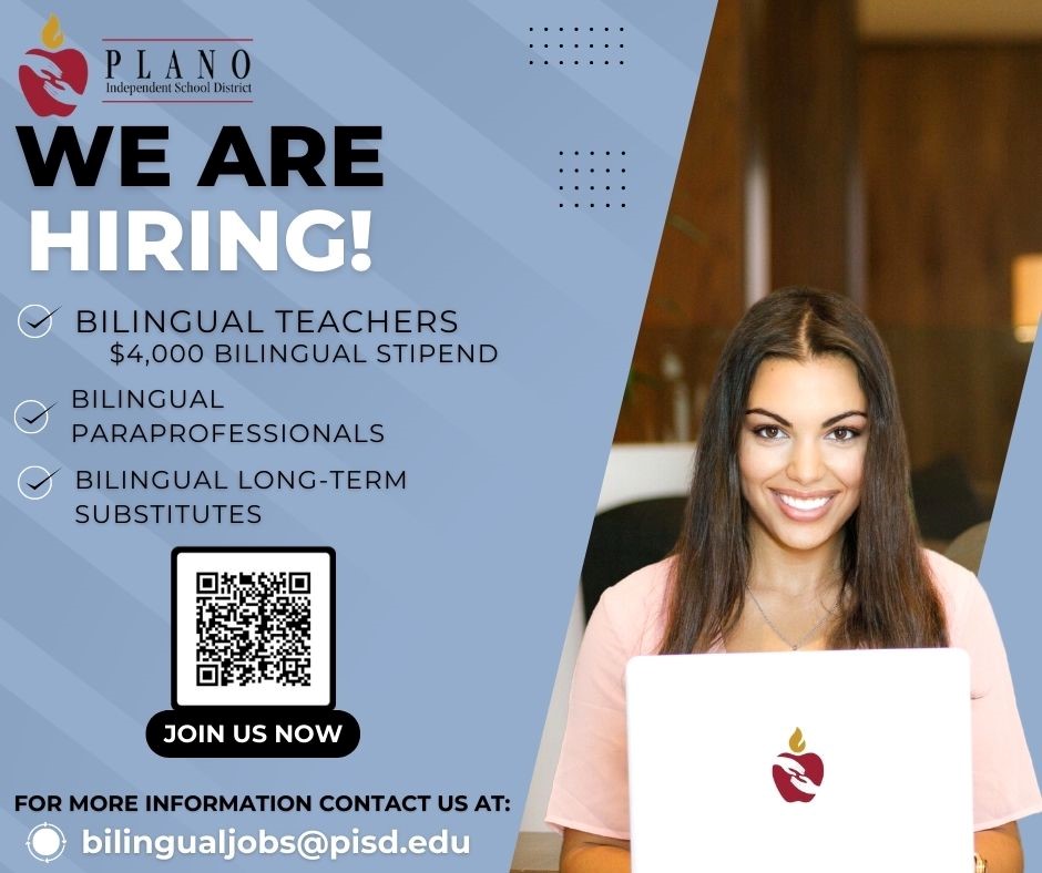 Plano_Schools's tweet photo. Plano ISD is hiring bilingual educators, paraprofessionals and long-term substitutes. Apply at https://t.co/Gme0wZdRF5. Applicants may also contact us by email at bilingualjobs@pisd.edu. #TeamPlanoISD https://t.co/cuqK9U3zXH