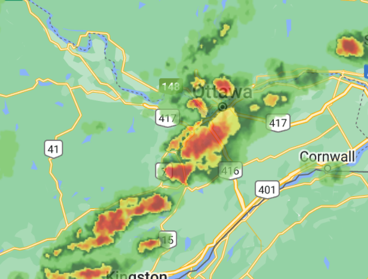 YOW_Weather's tweet photo. What will the storm look like when it hits Ottawa?  Here are 3 different projections for 4pm or 5pm:

Take this storm seriously. Most people that were injured during the derecho were outside during the storm. Stay inside, cancel your plans.

https://t.co/EViYYC5d0V https://t.co/dSxiIGsYwB