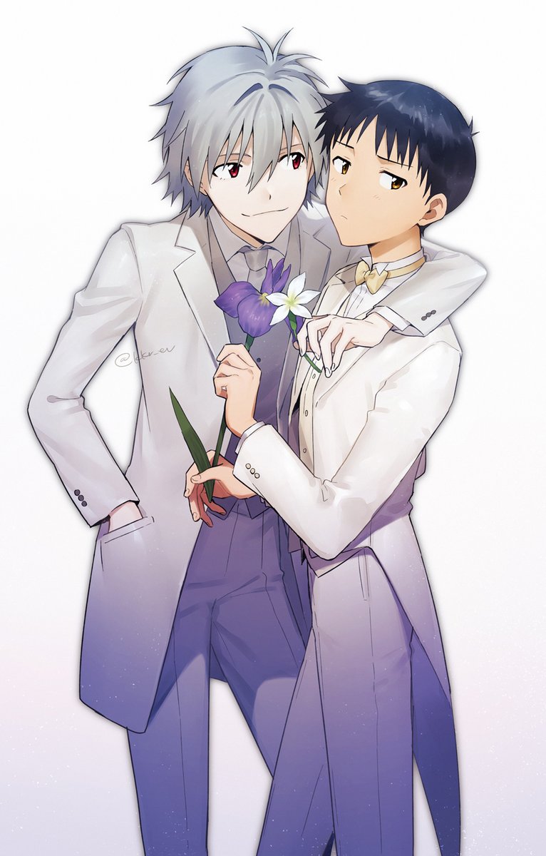ikari shinji ,nagisa kaworu male focus 2boys flower multiple boys holding flower red eyes bow  illustration images