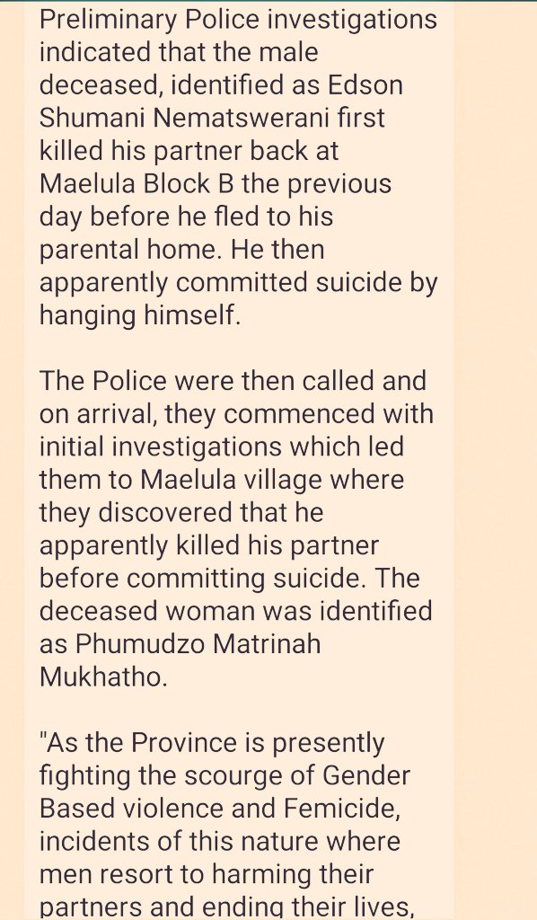 CliffShiko's tweet image. JUST IN: A Limpopo man (39) stabbed to death his girlfriend (39) and later commited suicide outside Makhado #LimpopoCrime
