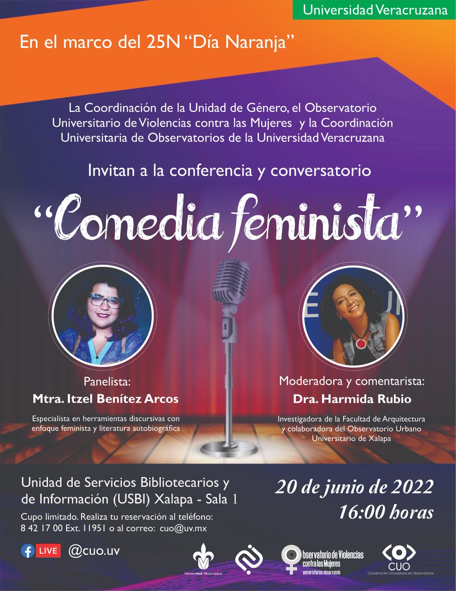 CUO_UV's tweet photo. Hacemos una cordial invitación para presenciar el evento "Comedia feminista" que con motivo de los días 25N se realizará en USBI Xalapa. Reserva tu lugar. 👇 https://t.co/jcMmxQRdH0
