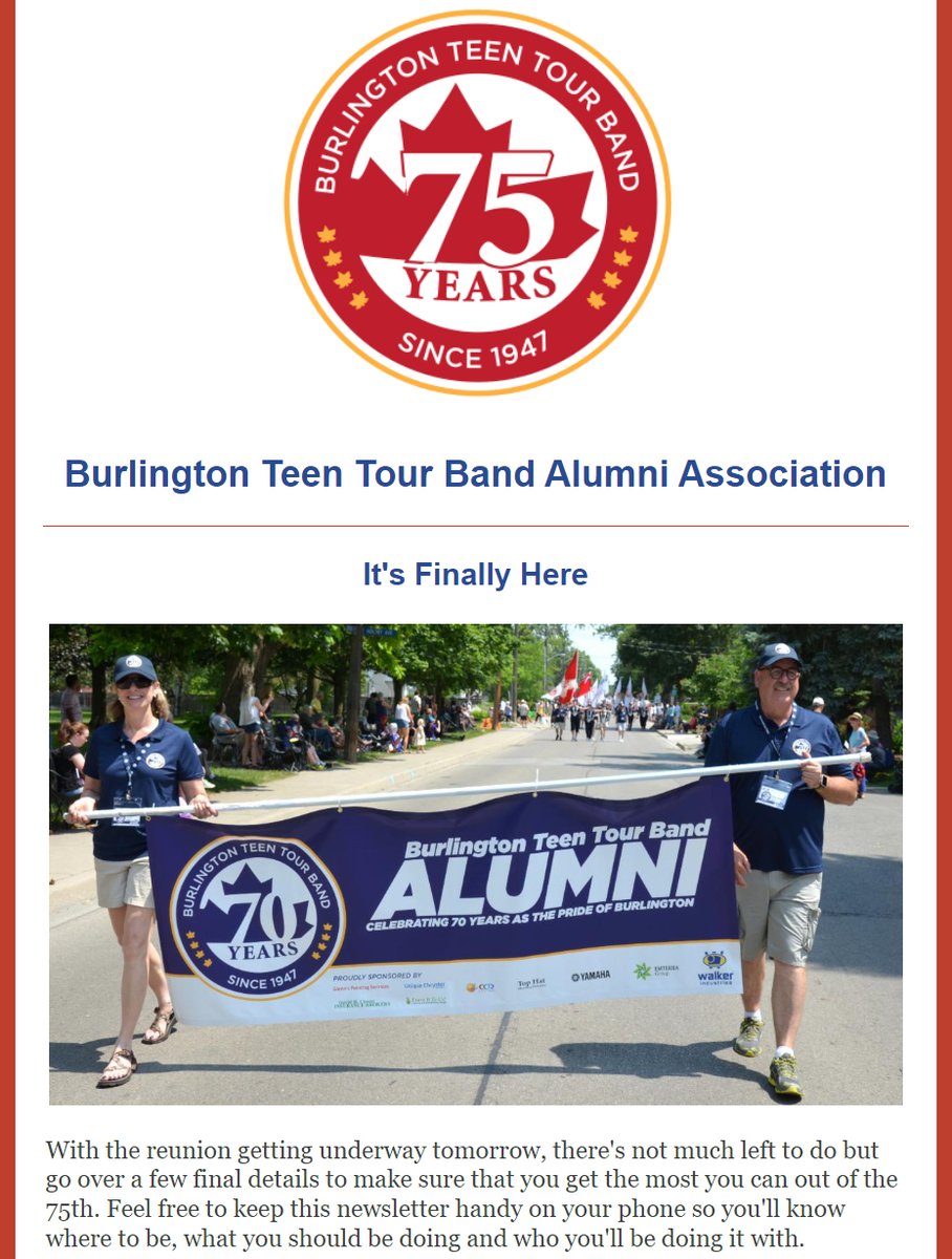 The 75th Anniversary Reunion starts tomorrow, so to make sure you have all the information at your fingertips, we've put out a special edition of our newsletter: conta.cc/3N0lOXM. See you all soon. #BTTB75 #BTTB #BurlOn <a href="/BTTB1/">Burl. Teen Tour Band</a> <a href="/BTTBBoosters/">Teen Tour Boosters</a>