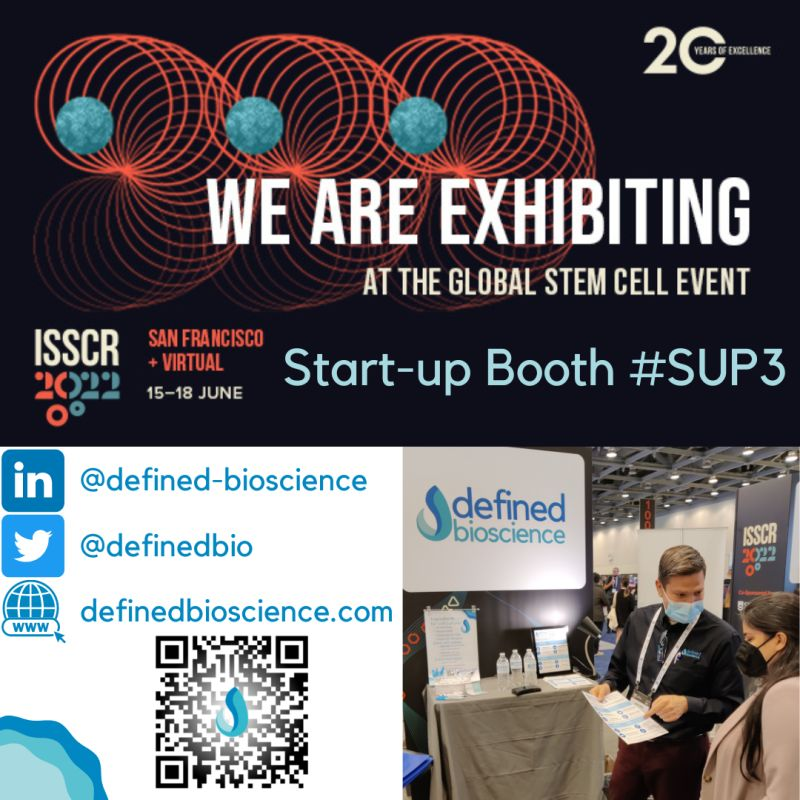 DefinedBio's tweet photo. We are in San Francisco for #isscr2022 and are excited to be exhibiting in-person! Stop by our #startup booth located at # SUP3 to learn more about our current stem cell products. #DefinedBioscience #ipsc https://t.co/5zxBWLb5vz