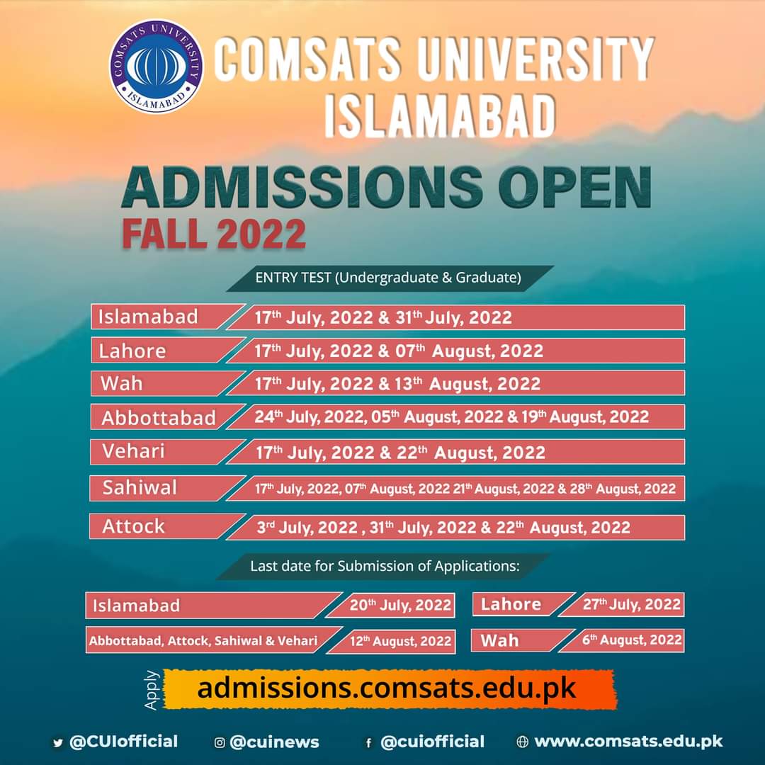 TheLogicAcademy's tweet image. Note important dates and mark your calendars for #admissionsfall2022. Note down Entry Test dates for respective campuses and also last date to apply for admissions mentioned here.
For more information related to admissions, visit admissions.comsats.edu.pk