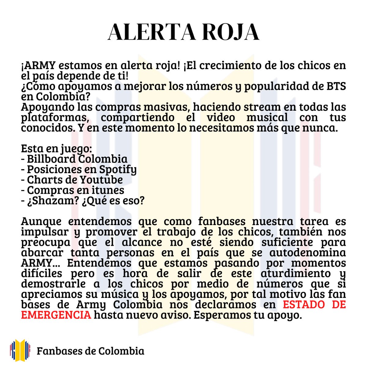 ARMYManizalsCol's tweet photo. ⚠️ | ATENCIÓN
— Alerta Roja | #BTS_Proof
Sabemos que estamos pasando por una situación difícil, pero recordemos que #ARMY es fuerte y siempre estará para apoyarlos y brindarles todo su amor... #FightingARMY 💜💜💜
@BTS_twt | #BTS | #방탄소년단 | #BTSARMY https://t.co/MtXR09XiGg