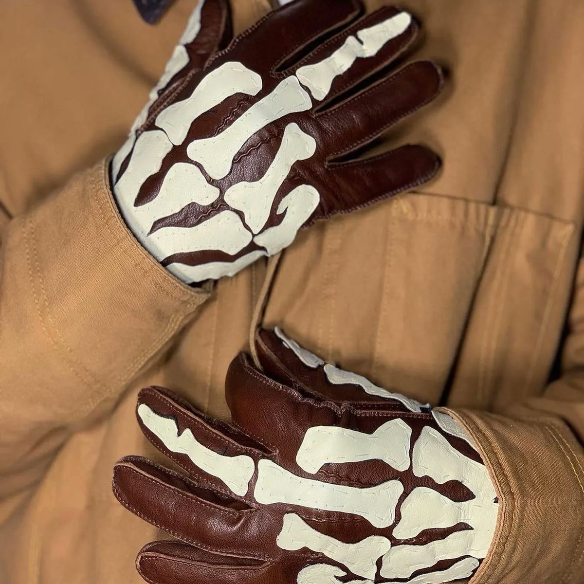 cortexcreatives's tweet image. FASHION: Skele-gloves by Before My Legs Explode, a limited-run and one-of-one clothing brand.