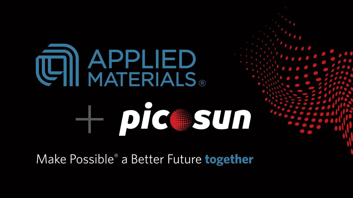 Text says Applied Materials + Picosun. Make Possible a Better Future together. Black background with red dots floating in the right corner.