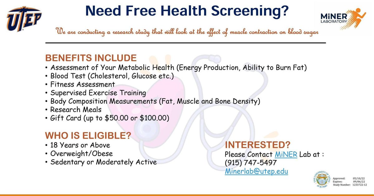 UTEP Kinesiology Department (@utepkinesiology) on Twitter photo Interested in participating in a research study and receiving a free health screening?π€©
If so, contact the UTEP Metabolic, Nutrition and Exercise Research Laboratory - Miner Lab! Participant qualifications and contact information are listed down below. β¬οΈ
Picks Up!β <a href="/utepchs/">UTEP Health Sciences</a> Interested in participating in a research study and receiving a free health screening?π€©
If so, contact the UTEP Metabolic, Nutrition and Exercise Research Laboratory - Miner Lab! Participant qualifications and contact information are listed down below. β¬οΈ
Picks Up!β <a href="/utepchs/">UTEP Health Sciences</a>