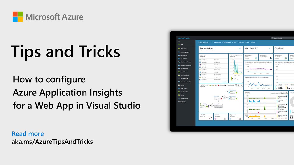 Azure's tweet image. Learn how to configure Azure Application Insights for a Web App in Visual Studio in this edition of #AzureTipsAndTricks: msft.it/6013b97hV #Azure