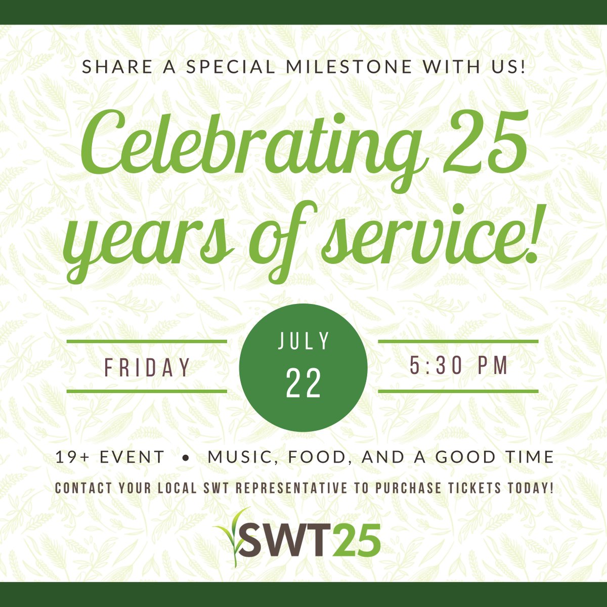 SWT's tweet photo. ๐ Cheers to 25 years! ๐
Join us on July 22, 2022, in celebrating our 25th anniversary with food, music, and a good time! ๐ถ
Contact your local SWT representative today to find out more and purchase tickets ๐
#SWT25 https://t.co/XjOTRReE8r