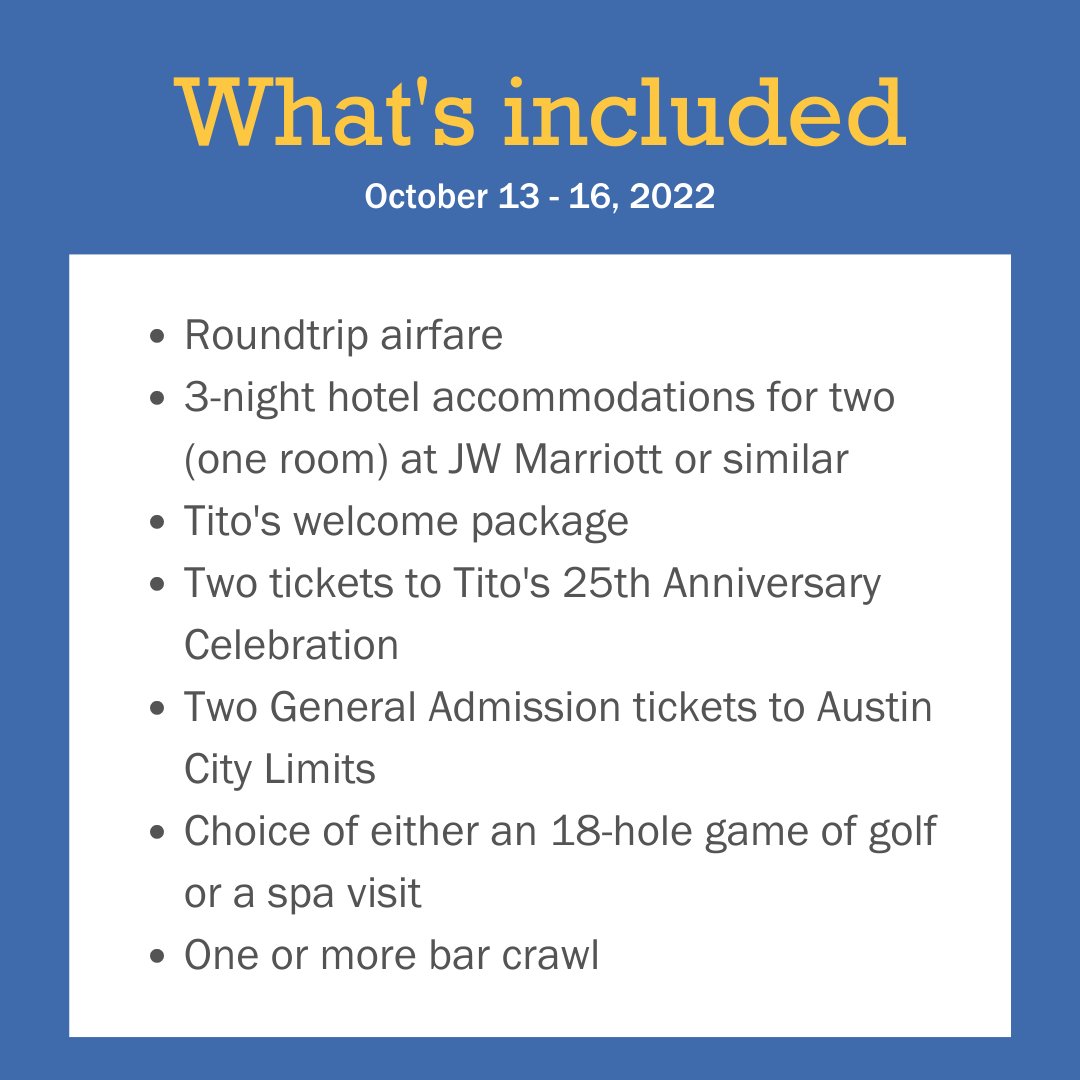 LovinFoodRescue's tweet photo. In honor of Tito's Handmade Vodka's 25th anniversary, they've donated an incredible auction item: a trip to Austin, Texas to attend the anniversary celebration! Swipe to see what's included.

Bidding is open ➡️ https://t.co/zdMr0x86K5 https://t.co/jIkCAnpNIm