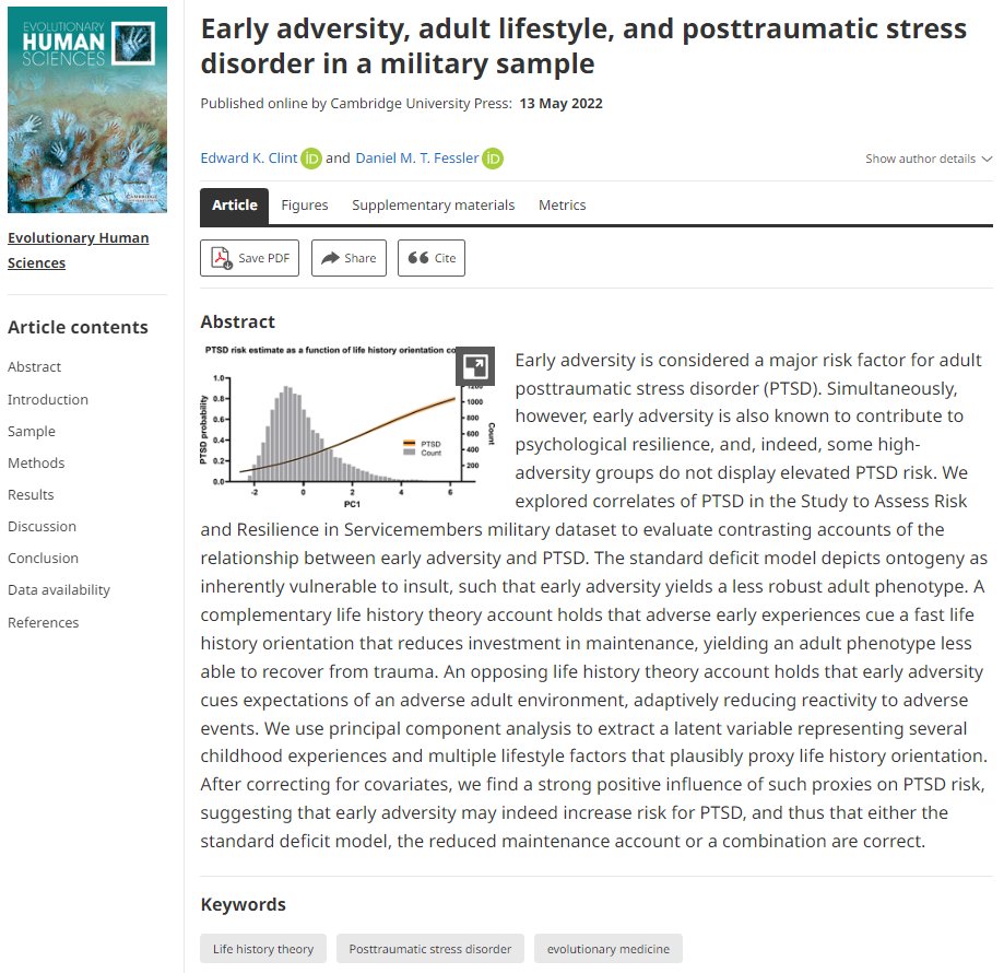 Journal_EHS's tweet image. "Early adversity, adult lifestyle, and posttraumatic stress disorder in a military sample" bit.ly/39sDqxI 
by Edward K. Clint and Daniel M. T. Fessler

#research #article #openaccess #journal #publishing #evolutionary #medicine #ptsd #mentalillness
