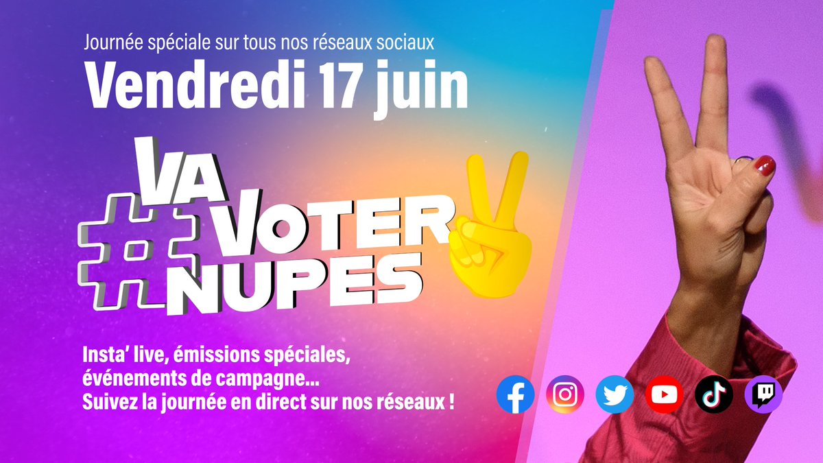 🔥 Demain, retrouvez-nous toute la journée sur les réseaux sociaux pour le dernier jour de la campagne des #législatives2022 !

✅ À 17 heures, suivez notre émission en direct : youtube.com/watch?v=gDh4rr…

#NUPES
#VaVoterNUPES 
#Melenchon1erMinistre