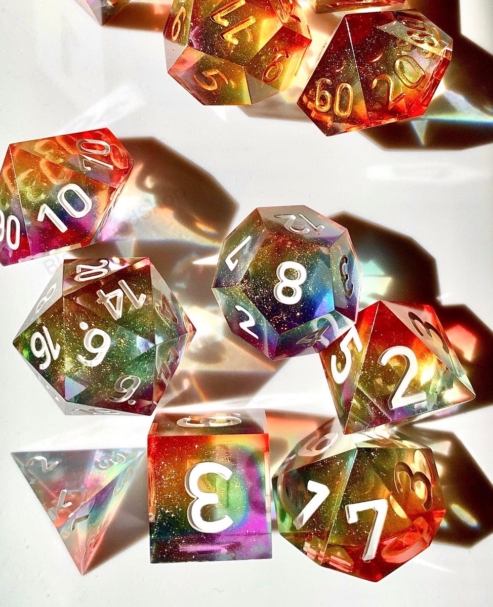 Get yourself some nice dice! Tomorrow. 5pm Central Time! Link to my shop is in my bio. Thank you! Any shares are hugely appreciated. This is my “oh no I lost my job and need to move” sale. Also it’s Pride and I’ve hardly had a chance to celebrate myself and others. 😭
