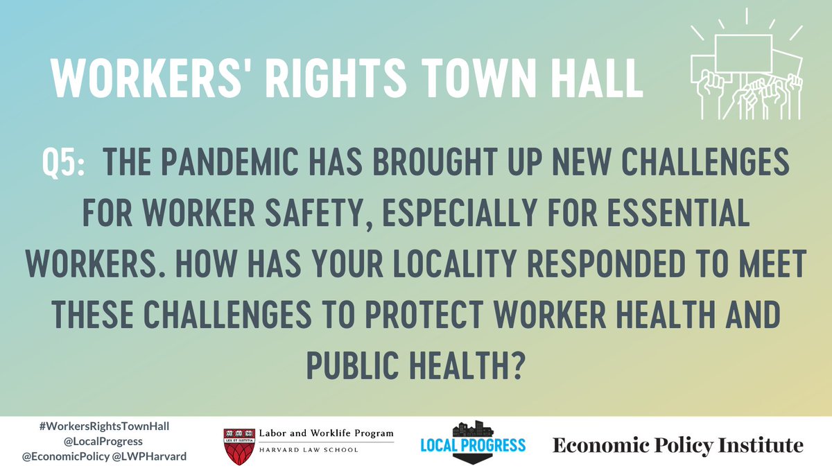 LocalProgress's tweet photo. Q5: The pandemic has brought up new challenges for worker safety, especially for #essentialworkers. 

How has your locality responded to meet these challenges to protect worker health and public health? 

#WorkersRightsTownHall https://t.co/6XrF0LhwB8