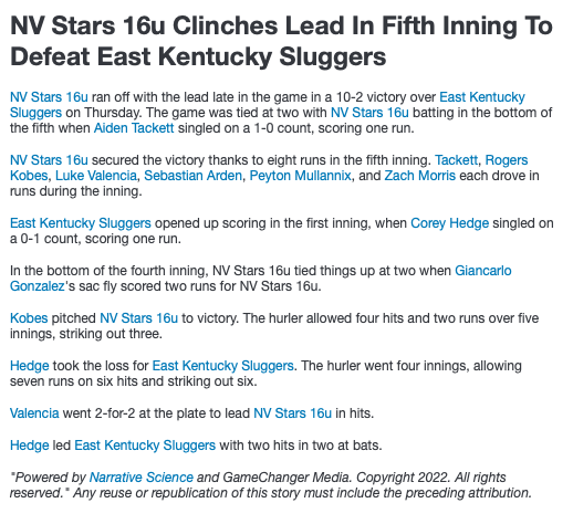 #16uSummerClassic - NV Stars' closes out East KY Sluggers 10-2.  Stars' Zach Morris 1-2 3B 2RBI BB and Rogers Kobes CG 5IP 4H 2R 1ER 3K 2BB.  EKY Sluggers' Corey Hedge with half their hits 2-2 RS RBI, Hunter Hampton and Connor Carpenter each collect a single. @PBRKentucky