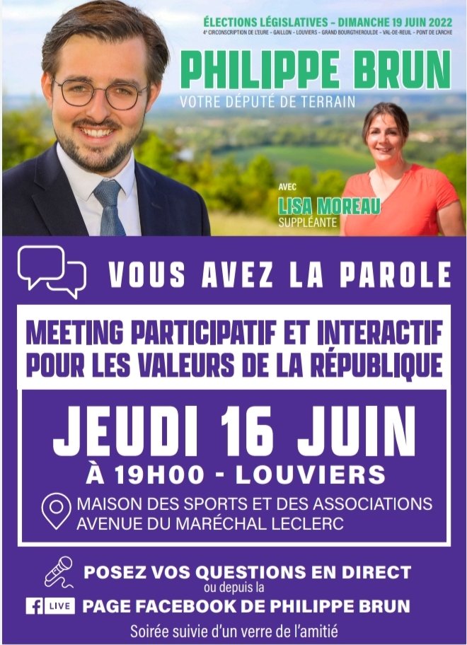 Présent ce soir à @villedelouviers (27) au meeting participatif de @p_brun et sa suppléante #LisaMoreau : seul binôme de la @NUPES_2022_ encore présent au 2nd tour des législatives dans le @EureenNormandie...