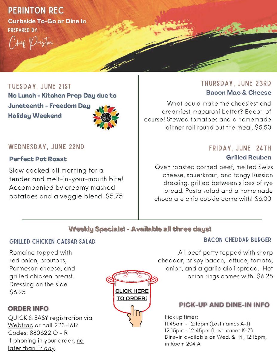PerintonRec's tweet image. Chef Preston has put together a great Curbside Lunch menu after the Juneteenth - Freedom Day holiday weekend! Since we have a 3-day weekend coming up, there will be no meal service next Tuesday. Purchase lunch all three (Trio) days at a discount!
