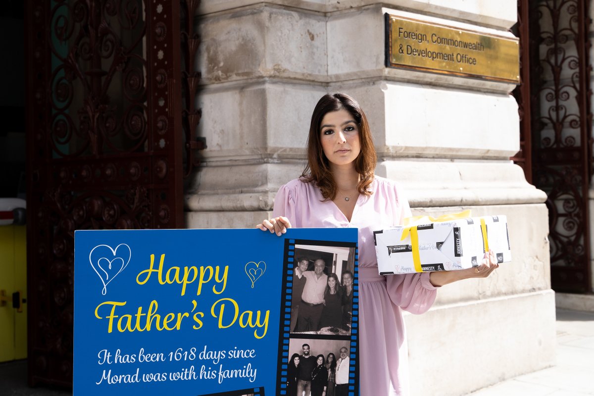 Roxanne, daughter of British national, Morad Tahbaz who's unjustly been detained in Iran for 1618 days, delivered a card to the FCDO ahead of #FathersDay demanding them to secure his release &amp; bring him home.

Sign our petition to the UK GOV to #FreeMorad: amn.st/6013zd9cD