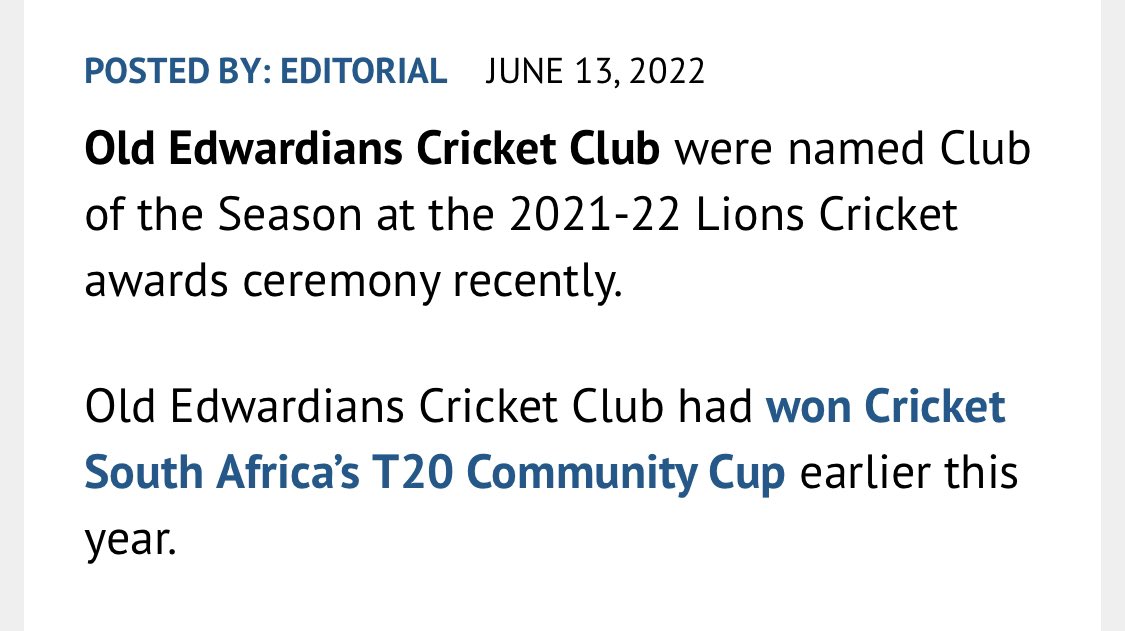 A very belated huge shout out to GM Old Eds CC who won Club of the Year at #ThePrideOfJoziAwards 🔥 A well deserved win for a great group of cricketers &amp; their Chairman <a href="/MrP1709/">Mark Patterson</a>. Kudos to Mark &amp; every other chair who dedicate countless hours &amp; energy running club cricket 🙌🏼🏏