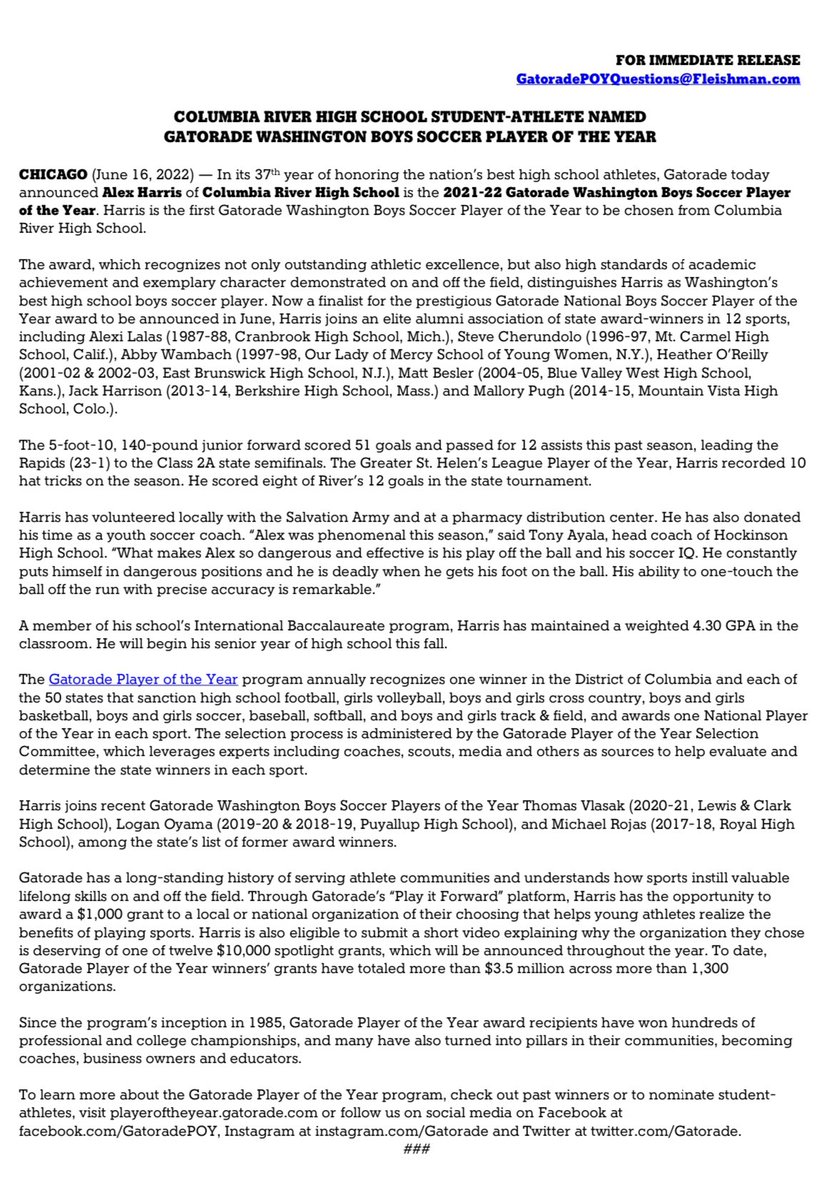 Will Denner (@willcdenner) on Twitter photo .<a href="/CRiverSoccer/">CR Soccer ⭐️⭐️⭐️</a> junior Alex Harris has been named the Gatorade Washington Boys Soccer Player of the Year.
Harris had 51 goals (10 hat tricks), 12 assists and helped lead River to a 23-1 record and 3rd place at the 2A state tournament. Also has a 4.3 GPA.
playeroftheyear.gatorade.com/winner/alex-ha… .<a href="/CRiverSoccer/">CR Soccer ⭐️⭐️⭐️</a> junior Alex Harris has been named the Gatorade Washington Boys Soccer Player of the Year.
Harris had 51 goals (10 hat tricks), 12 assists and helped lead River to a 23-1 record and 3rd place at the 2A state tournament. Also has a 4.3 GPA.
playeroftheyear.gatorade.com/winner/alex-ha…