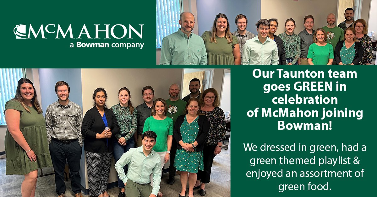 mcmahonassoc's tweet photo. Our Taunton team goes GREEN in celebration of McMahon joining @BowmanCG! #McMahonFun #TeamBowman #BetterWithBowman https://t.co/0HP8avDFT0