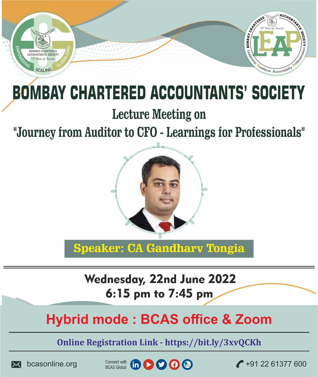 bcasglobal's tweet photo. BCAS has organized an insightful Lecture Meeting by CA @GandharvTongia , where he will share his Journey from Auditor to CFO. 
This #BCASLectureMeeting  will provide a great learning for professionals

Details: https://t.co/VrG698wDwl 

Registration: https://t.co/tRH7aTPbl9 https://t.co/jW1ikUv40A
