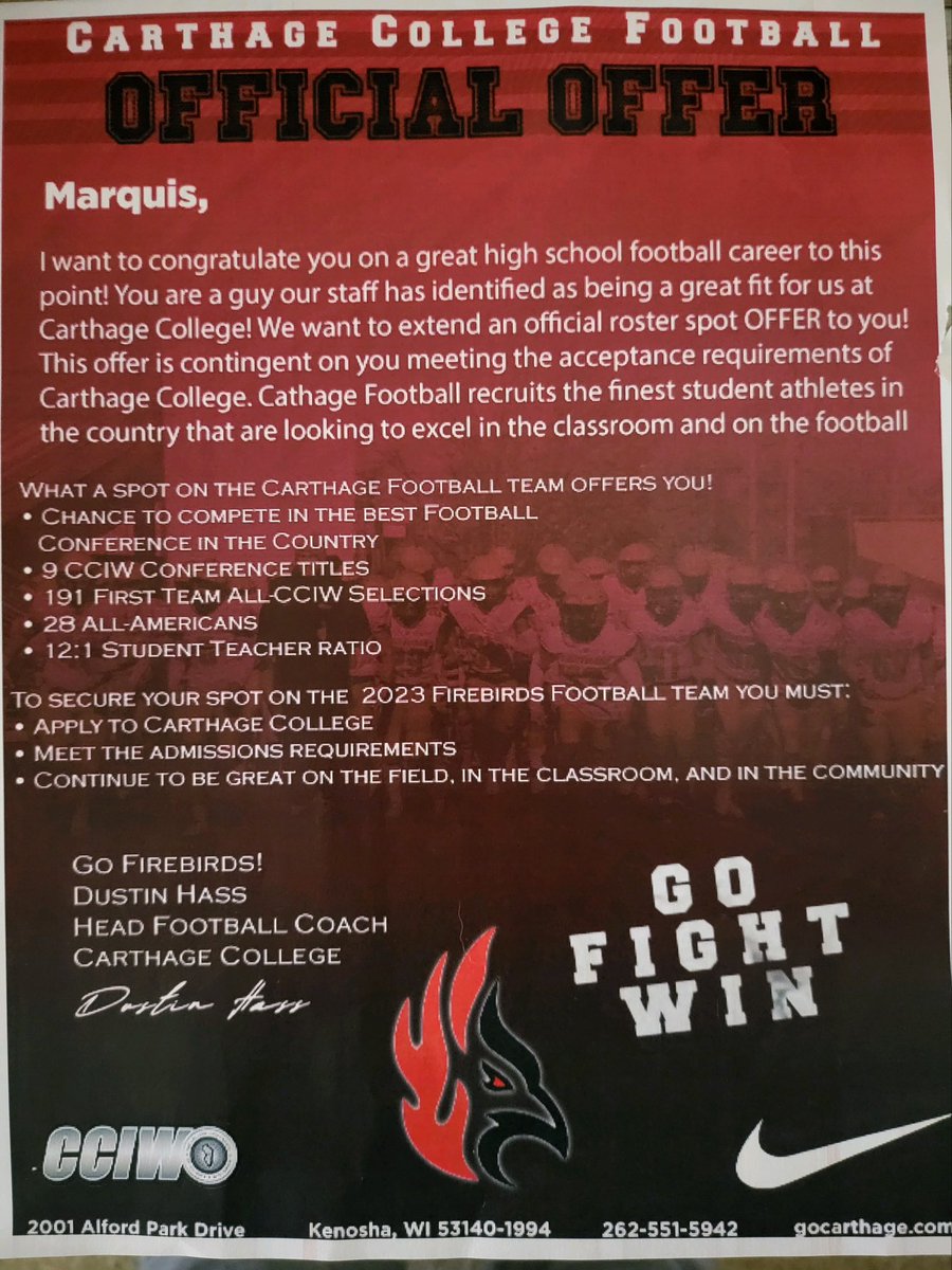 MarquisRathell's tweet photo. Blessed to say I’ve received an official roster spot from Carthage College 
@JacobIodence @CoachDustinHass @Carthage_FB https://t.co/3qkeTwjBmW