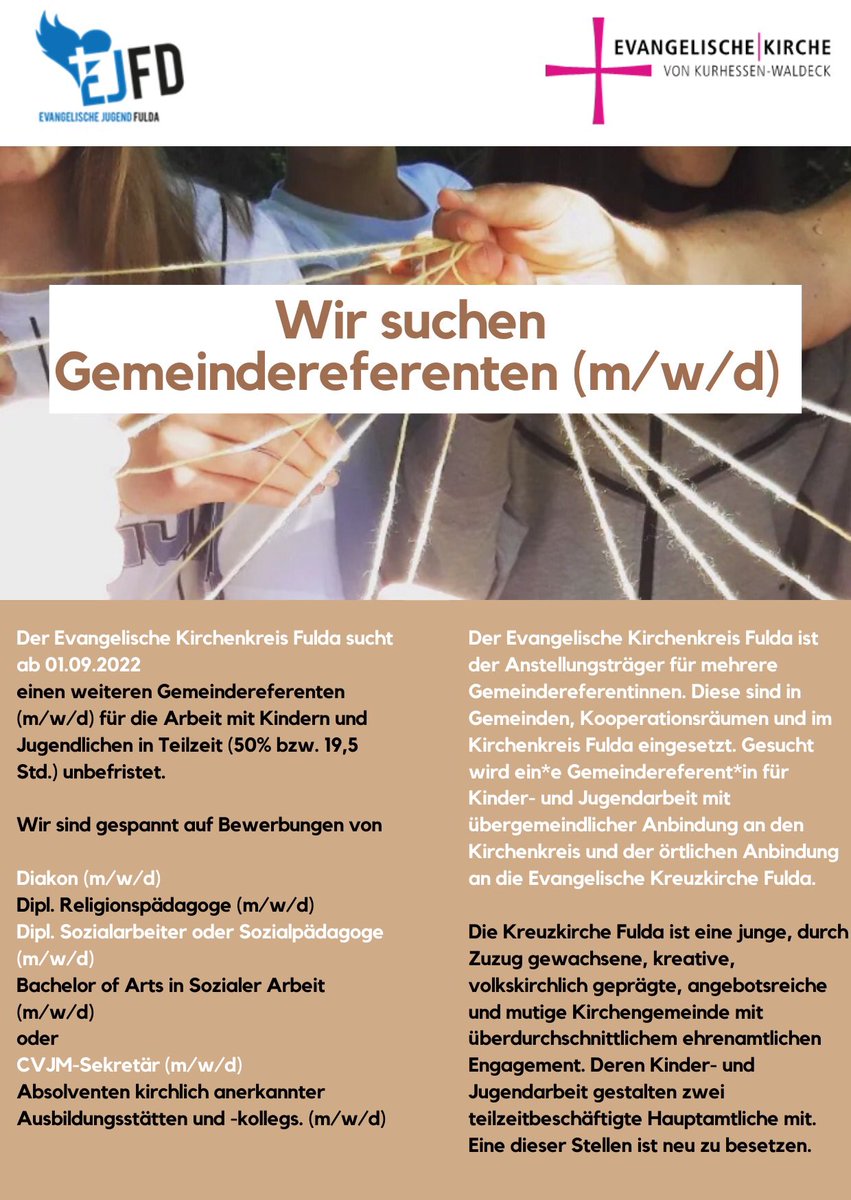 Gemeindereferent:in in der Kinder- und Jugendarbeit in Fulda gesucht. Unbefristete 50%-Stelle, Arbeit im Team mit viel Gestaltungsspielraum - z.B. Konfi-Arbeit im multiprofessionellen Team (mit mir zusammen 😉)
#fulda #jugendarbeit #stellenangebot #ekkw 

kreuzkirche-fulda.de/de/News/Newsme…