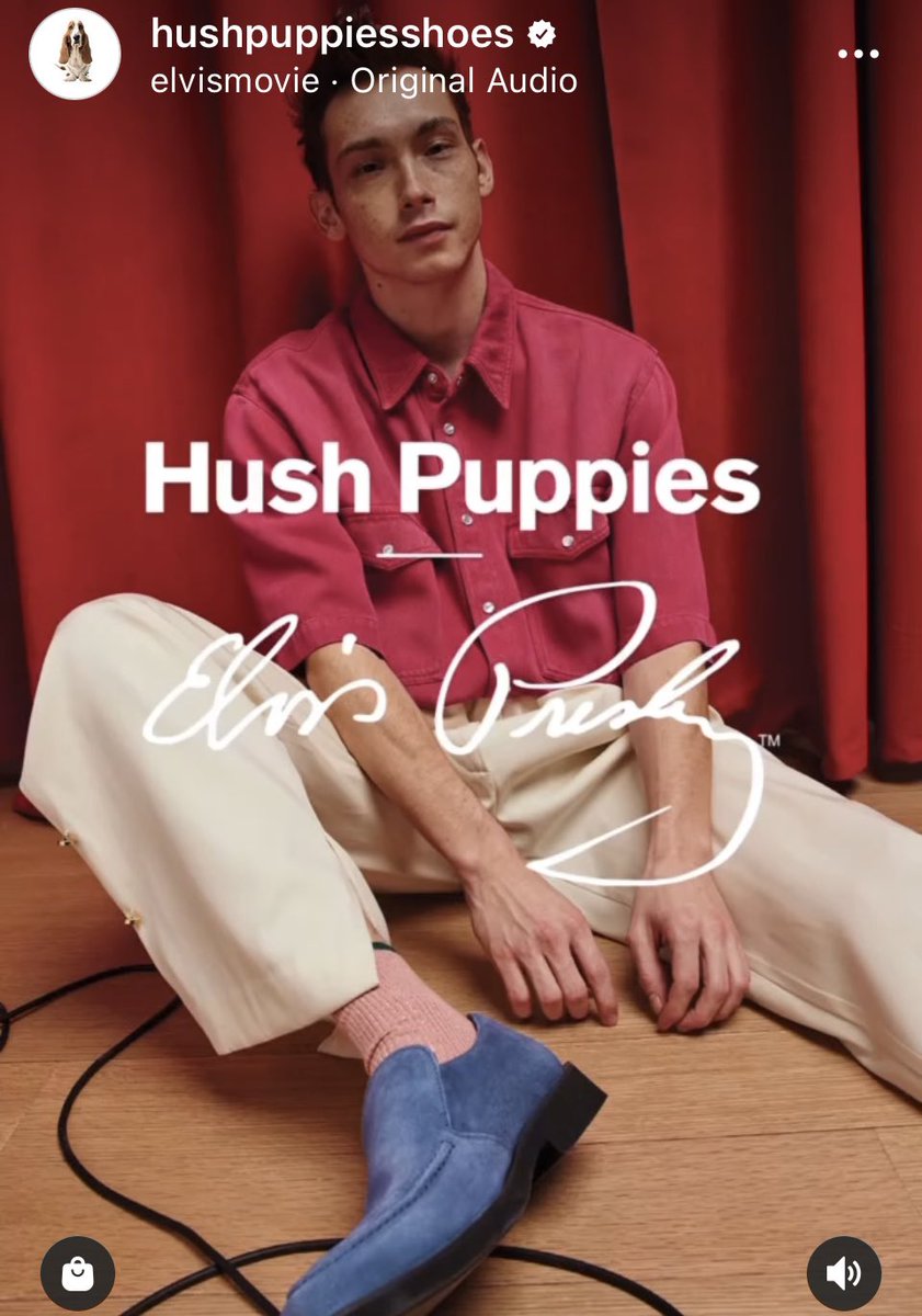 Elvisinadverts's tweet photo. Collab between two iconic brands: Hush Puppies shoes &amp; Elvis! Nice timing as well to coincide with and capture the buzz around the release of @ElvisMovie . The shoes are a nice nod back to the nostalgic days of a young Elvis! 
#elvis https://t.co/YkyXGak8sb