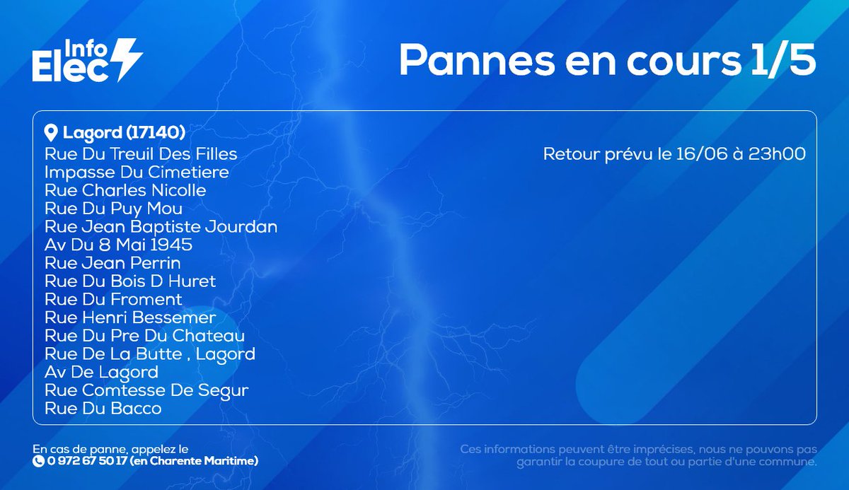 InfoElecLR's tweet photo. 🔴 Coupure en cours
Coupure d'électricité en cours sur #Lagord :

Les techniciens @enedis_poit_cha sont mobilisés depuis près d'une heure pour rétablir dès que possible l'alimentation.

#LaRochelle #Electricité #canicule https://t.co/G6EnfIqb6k