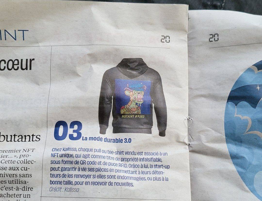 KalissaParis's tweet photo. We appeared in @20MintFR! (a well known French newspaper).
At Kalissa, each sweater or t-shirt sold is associated with a unique #NFT, which acts as a forgery-proof title,
in the form of a #QRCode and #RFID chip. Thanks to it, the start-up can guarantee its pieces for life. https://t.co/XVQeiQrdR5