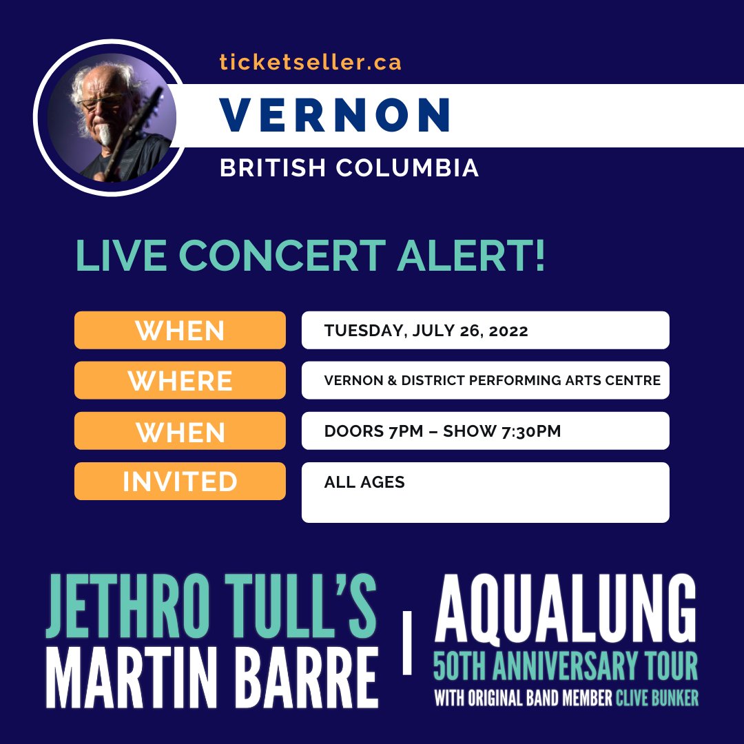 Concert alert! <a href="/TullGuitarist/">Martin Barre</a> at <a href="/VDPACSociety/">Vernon & District Performing Arts Centre Society</a> in <a href="/CityofVernon/">City of Vernon</a> Jul 26!

Tickets here! bit.ly/3K145Om

<a href="/vdpac/">PerformingArtsCentre</a> #VernonBC <a href="/VernonNews/">Vernon Morning Star</a> @tsboxoffice @1075beachradio #MartinBarre #Aqualung #progrock #classicrock
