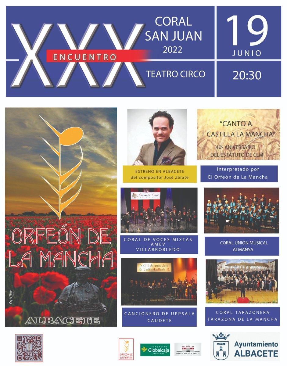 🎶🎵El <a href="/TeatroCircoAB/">TeatroCircoAlbacete</a> #Albacete acoge este domingo, como magnífico preludio a las fiestas de #SanJuan, el 'XXX Encuentro Coral' que promueve el <a href="/Orfeon_Mancha/">Orfeón de La Mancha</a>

📅Fecha: domingo 19 de junio.
⏰Hora: 20:30 h.
📍Lugar: #TeatroCirco