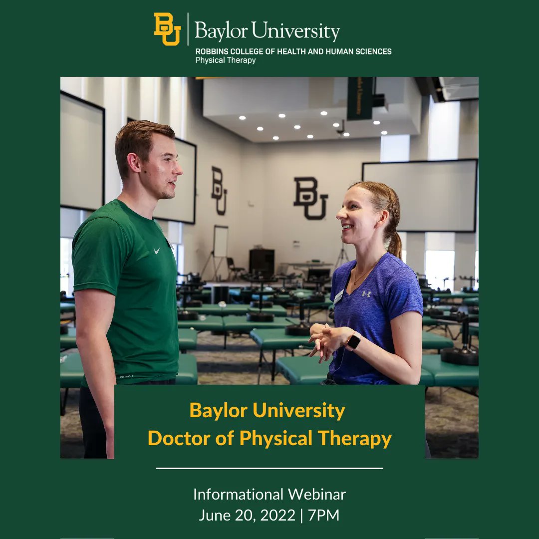 BaylorDPT's tweet image. Join us for an Informational Webinar on June 20th at 7pm CST. The webinar provides insight into the admissions process all while answering your questions about the program. For more guidance and to register: buff.ly/3MRoM0I 

#DPTin2 #SicEmDPT #BaylorDPT