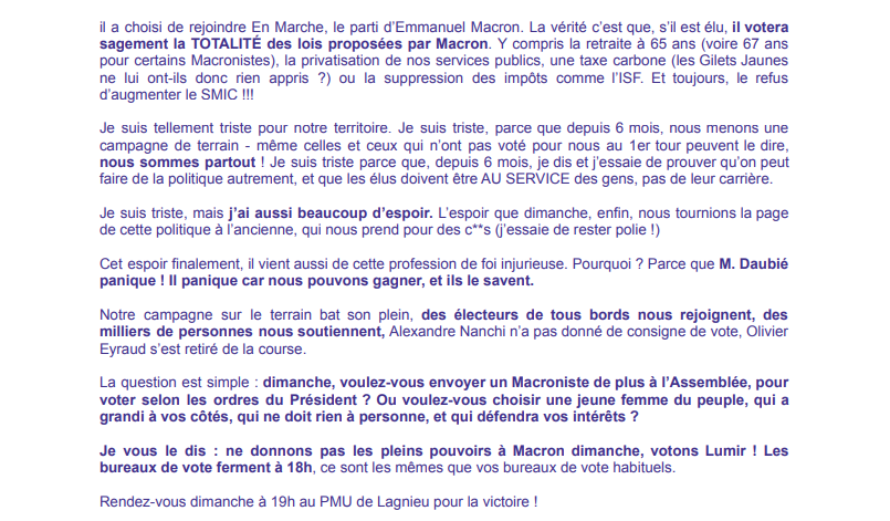 Ma réponse à la profession de foi de <a href="/romaindaubie/">Romain Daubié</a>, candidat d'Emmanuel Macron. ⤵️

#legislatives2022 #EmmanuelMacron