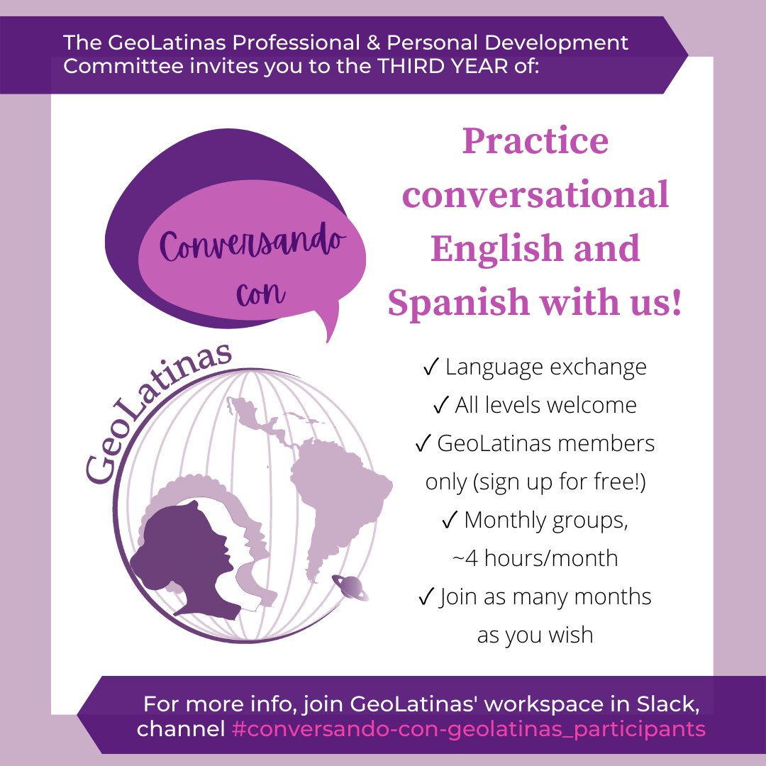 Do you want to practice conversational Spanish &amp; English with us? The GeoLatinas Professional and Personal Development Committee invites you to participate in “Conversando con GeoLatinas”, a language-exchange initiative for Spanish &amp; English @ all levels (1/2)👇🏽👇🏾👇🏿👇🏻👇🏽