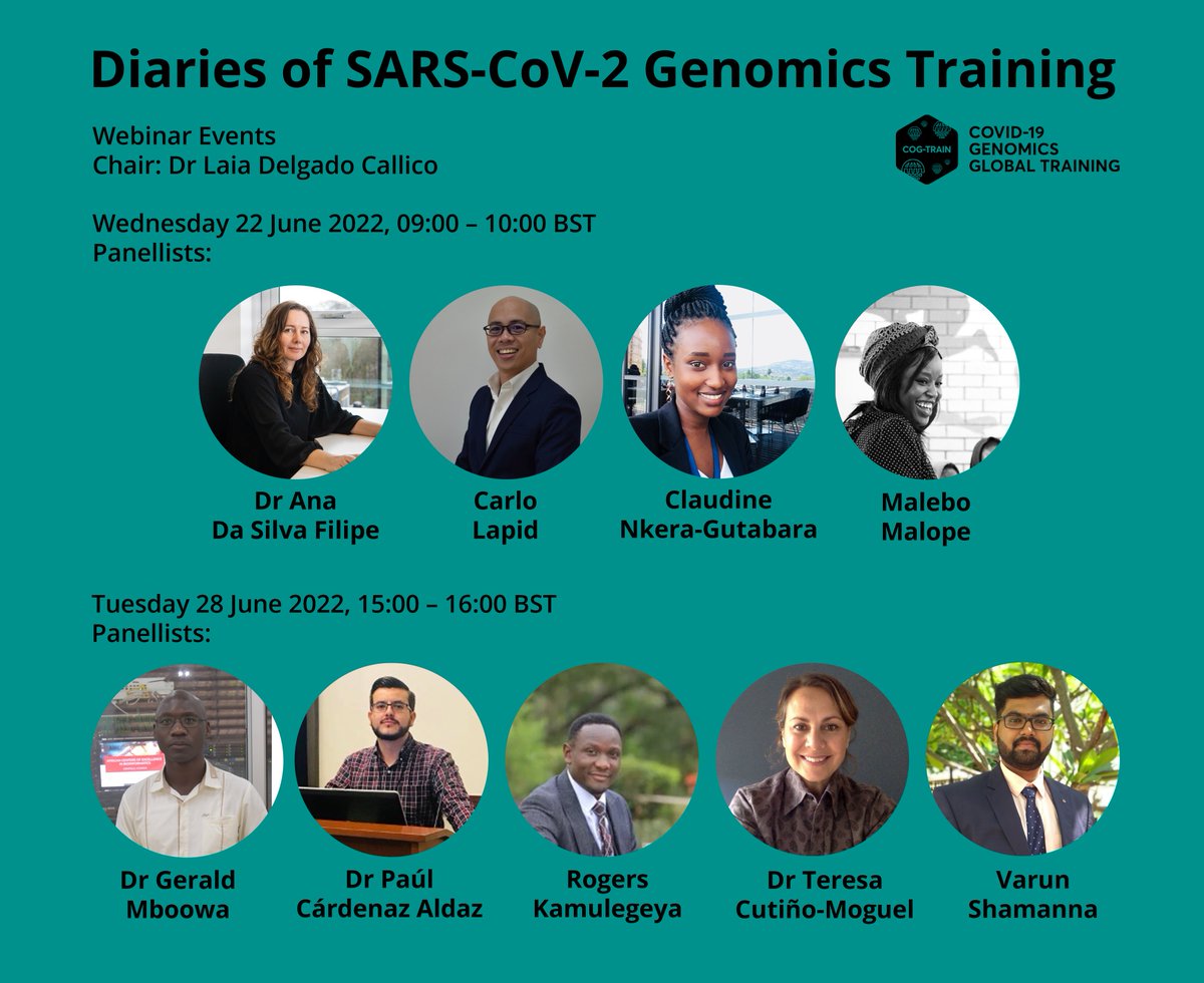 COG_Train's tweet photo. Meet our panellists 🤩
We are delighted to be joined by such an amazing team of educators, contributors and reviewers from our online courses 🖥️
#ThePowerOfGenomics #SwabToServer @ConnectingSci
Register here for our webinar events
👉🏼https://t.co/K8eP1XWJPg https://t.co/dPGmN1jbAj