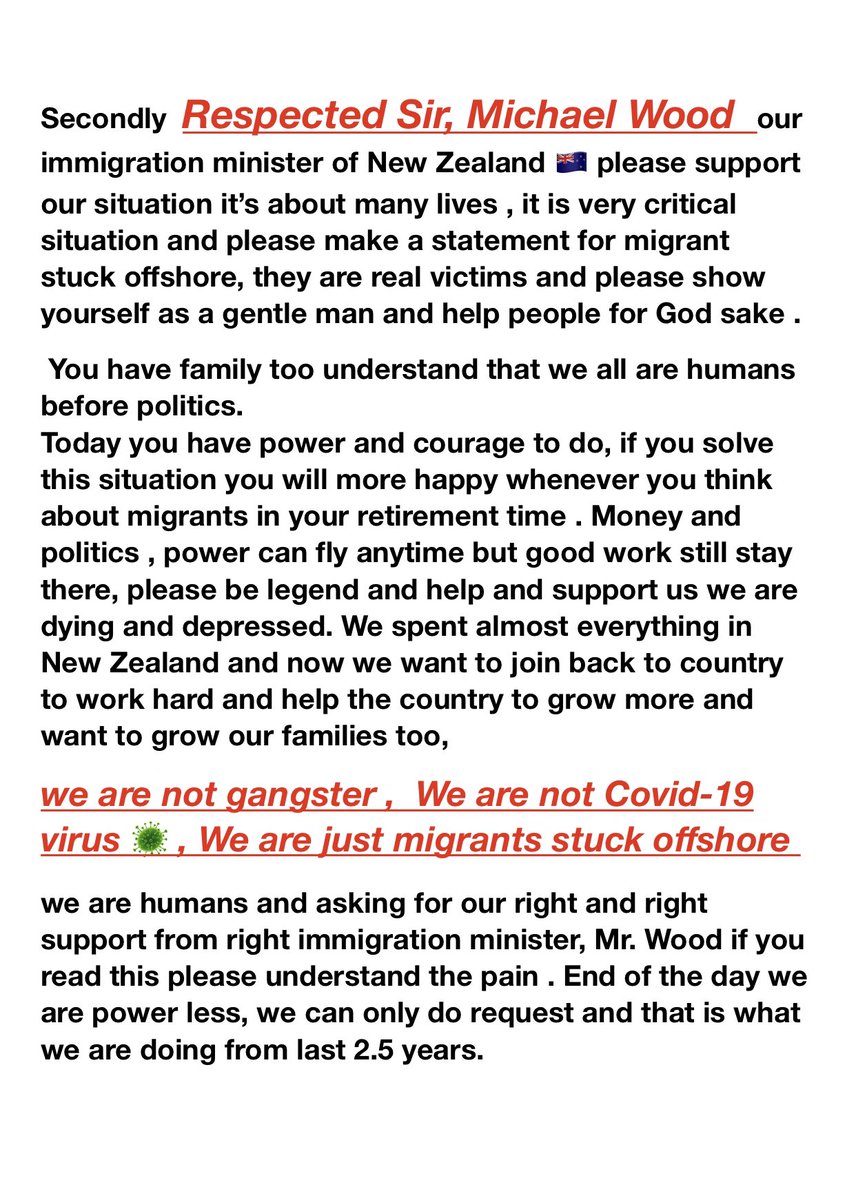 Davinde86529246's tweet photo. @jacindaardern @michaelwoodnz @priyancanzlp @IndiainNZ @MukteshPardeshi @Unitenownz @NAFSA @ThePIENews @chrishipkins Respected Sir / Madam Please Humble Request Help Us All Migrants Stuck Offshore. #MigrantsLivesMatter
#extendoffshorevisa
#bringusback
#HelpusHelpTheem https://t.co/zLBcqHO63C