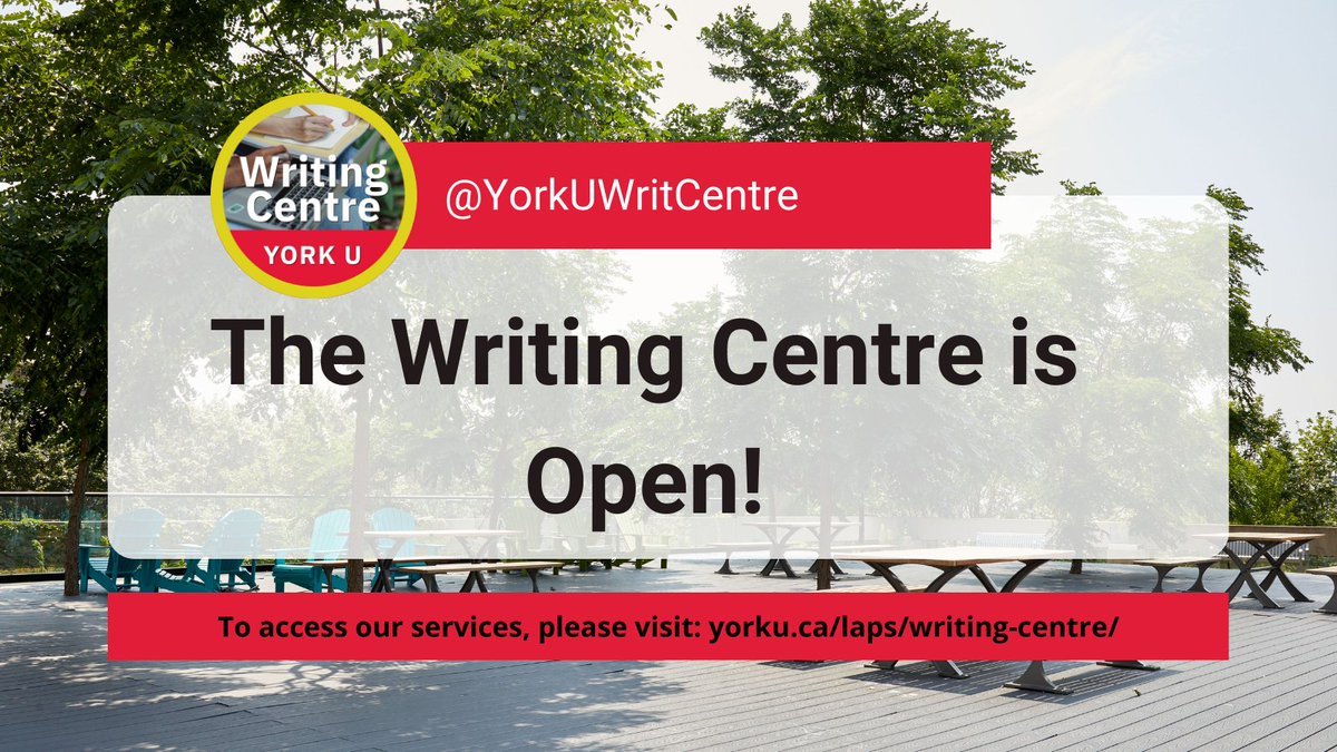 Welcome back #YorkU🦁 Did you have a nice reading week? The Writing Centre is officially open again! For the rest of the summer term, students have access to #workshops and our #AcademicWriting experts for assignment help! 

To access our services:
➡️​yorku.ca/laps/writing-c…