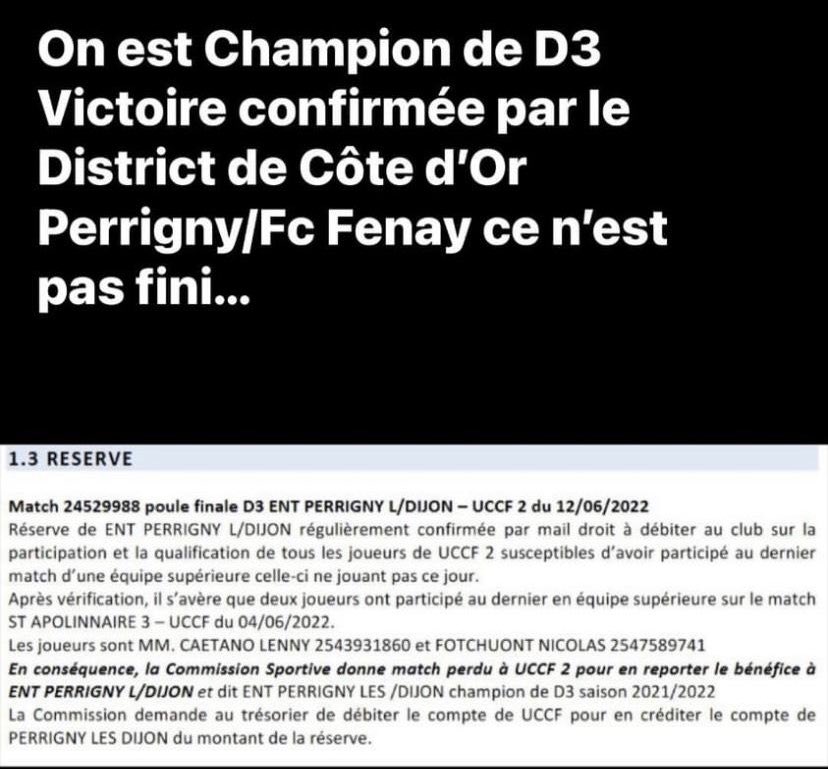 FcFenay's tweet photo. OFFICIEL : Après avoir porté réclamation contre UCCF ayant utilisé 2 licenciés qui n’auraient pas dû jouer, @FcFenay / Perrigny est sacré champion de D3 interpoules ! 

Un titre au goût amer mais logique qui vient ajouter une 2eme coupe à cette saison magnifique 🏆🏆 https://t.co/52eQUfG4mZ