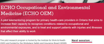 SaraMac_KTE's tweet photo. We're sharing what we've learned from our new ECHO program on Occupational &amp; Environmental Medicine at the Canadian Knowledge Mobilization Forum 2022. #CKF22 @iwhresearch  @adfurlan @EchoOntario  @ProjectECHO https://t.co/qWRdGsNBU1