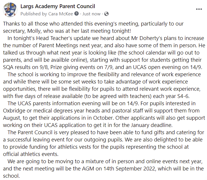 Largs Academy Parent Council tweet media