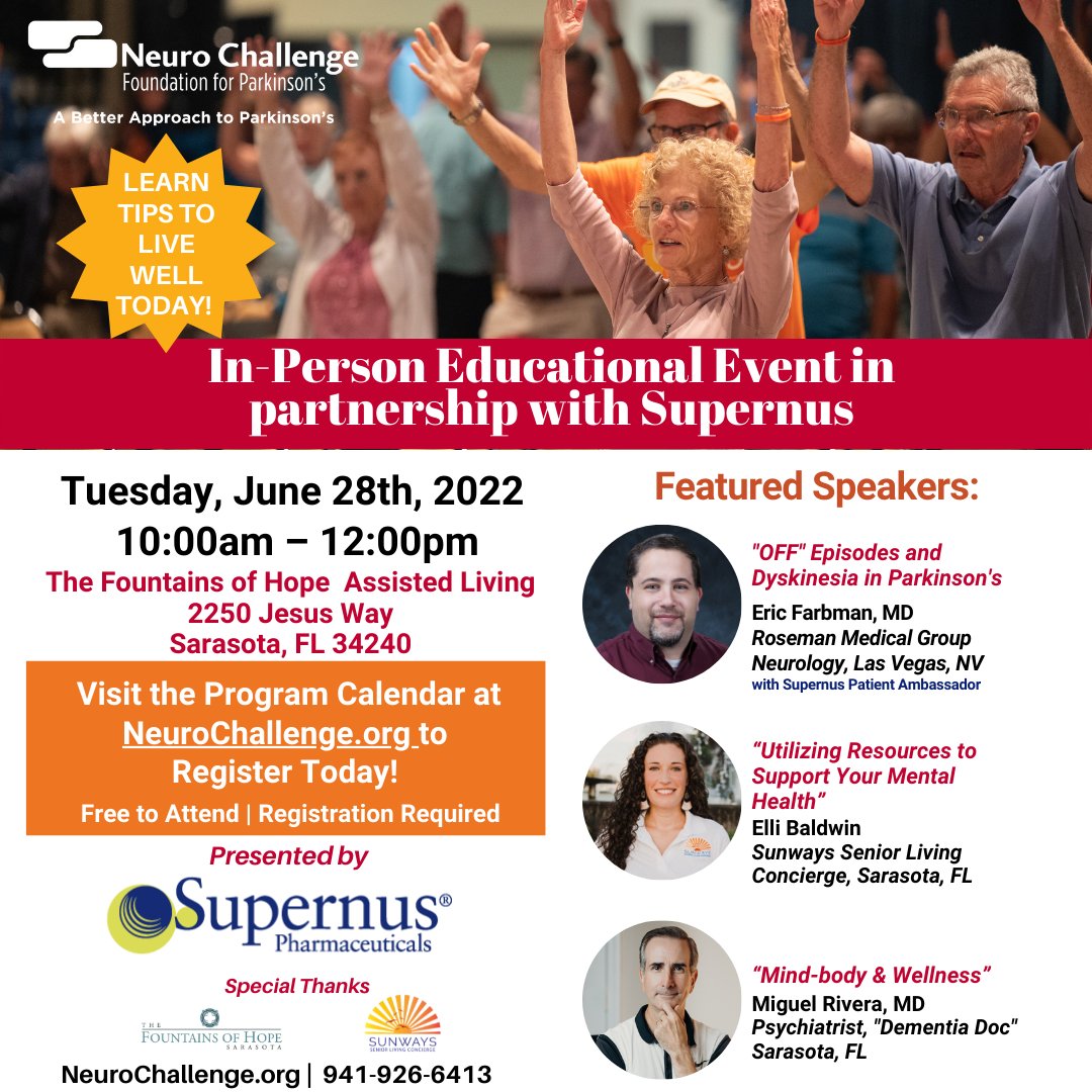 neuro_challenge's tweet image. Register now for a special in-person Parkinson&apos;s Educational Event at NeuroChallenge.org! Visit the Program Calendar to register today for this FREE program to learn ways to live WELL on your PD journey! 
#ParkinsonsEducation
#ParkinsonsSupport
#NeuroChallenge