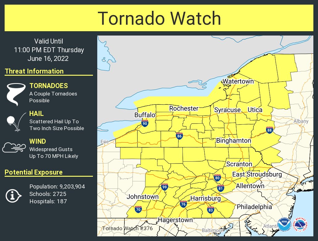 A tornado watch has been issued for parts of New York and Pennsylvania until 11 PM EDT