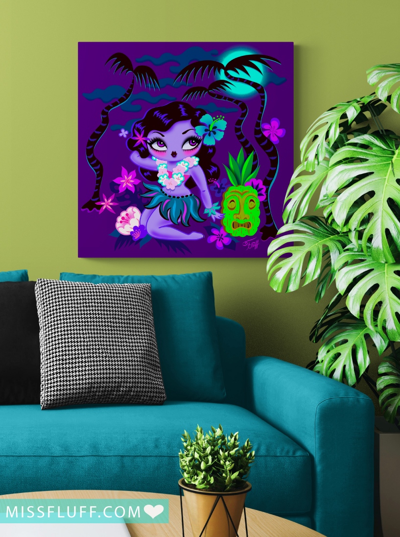 New ! 💜 Haunted Hula Cutie Canvases! 💜 
missfluff.shop/collections/ha…
In sizes from 12 x12 to 30 x 30.
Arrives ready to hang, with hardware attached.
.
#tikithursday #tikiart #tikistyle #summerween #hulagirl #cutearteveryday #polynesianpop