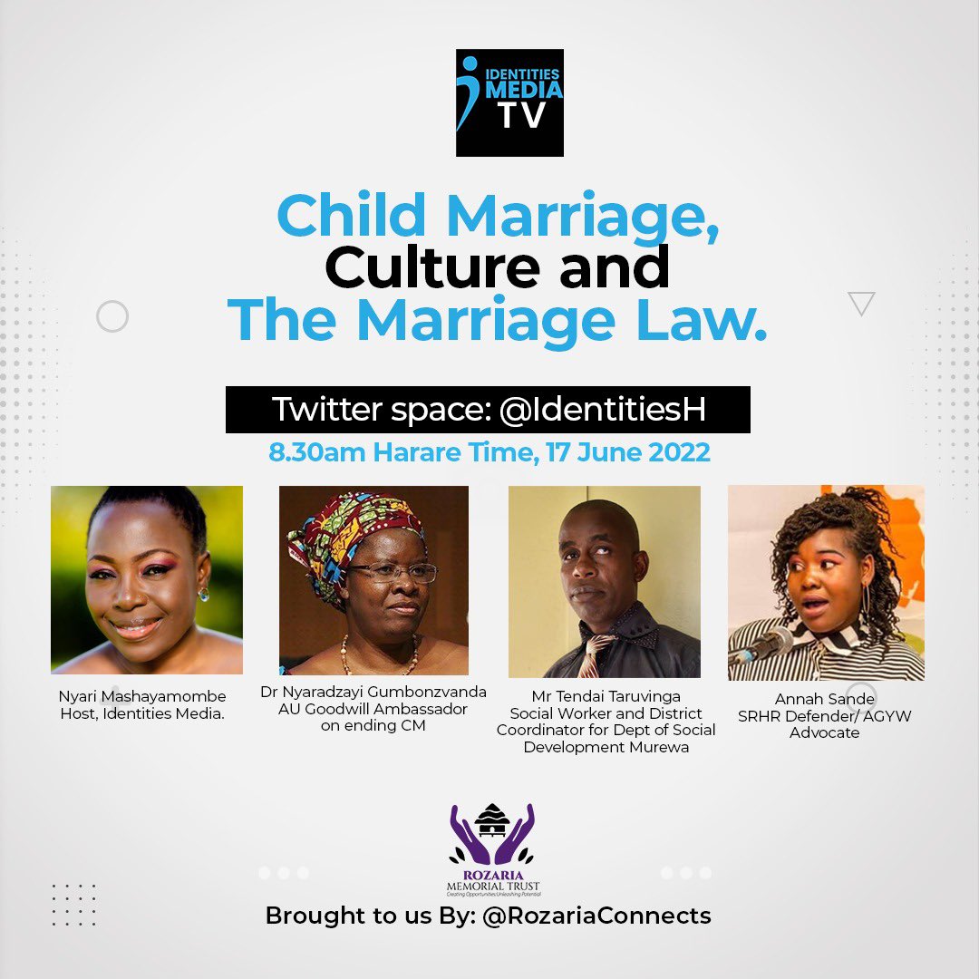 We ready to discuss
‘Child Marriage, Culture and The Marriage Law’ courtesy of <a href="/RozariaConnects/">Rozaria Memorial Trust</a> hosting <a href="/vanyaradzayi/">Nyaradzayi Gumbonzvanda</a>. Hope to see you all <a href="/tagalife/">Tag a Life Int(TaLI)</a> <a href="/Nyarimash/">Advocate Nyari Mashayamombe</a> <a href="/PlanZimbabwe/">Plan Int' Zimbabwe</a> <a href="/WorldVisionZim/">World Vision Zimbabwe</a> <a href="/GwenTrust/">GWEN ORG</a> <a href="/ShamwariyeMwana/">Shamwari Yemwanasikana</a> <a href="/WCOZIMBABWE/">Women's Coalition of Zimbabwe</a>  <a href="/ZimWomenInPolit/">ZWIPA</a> <a href="/WiPSUZim/">#PurplePolitics</a> <a href="/wlsazim/">Women and Law in Southern Africa - Zimbabwe</a> <a href="/SwedeninZW/">Sweden in Zimbabwe 🇸🇪</a>