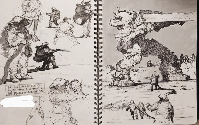 Idea sketches for an Acid Bufferzone-model vignette from my usual sketches. 